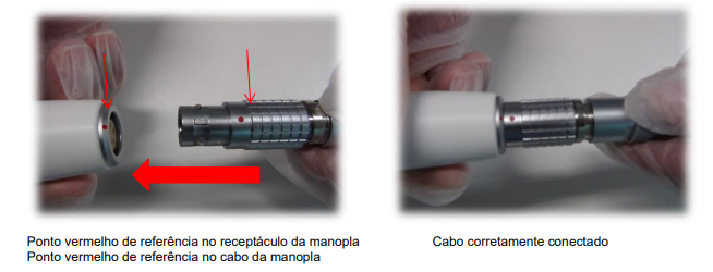 Plataforma Zye — As manoplas Linear e a Fracionada precisam ser conectadas ao cabo de alimentação. Alinhe os pontos vermelhos existent...