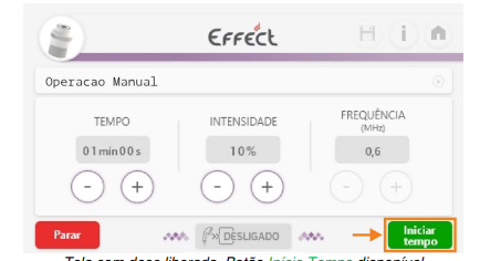 Novo Effect — Radiofrequência HTM — 6 . Ajuste tempo de tratamento, intensidade e frequência desejada e clique em “iniciar” e depois “iniciar tempo”